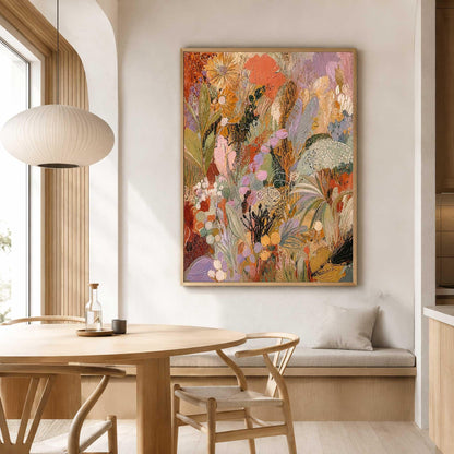 May include: A vertical rectangular canvas painting featuring an abstract floral composition with a vibrant palette of orange, lavender, sage green, yellow, and deep brown tones, showcasing layered brushstrokes and textured botanical shapes.