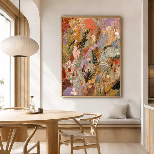 May include: A vertical rectangular canvas painting featuring an abstract floral composition with a vibrant palette of orange, lavender, sage green, yellow, and deep brown tones, showcasing layered brushstrokes and textured botanical shapes.