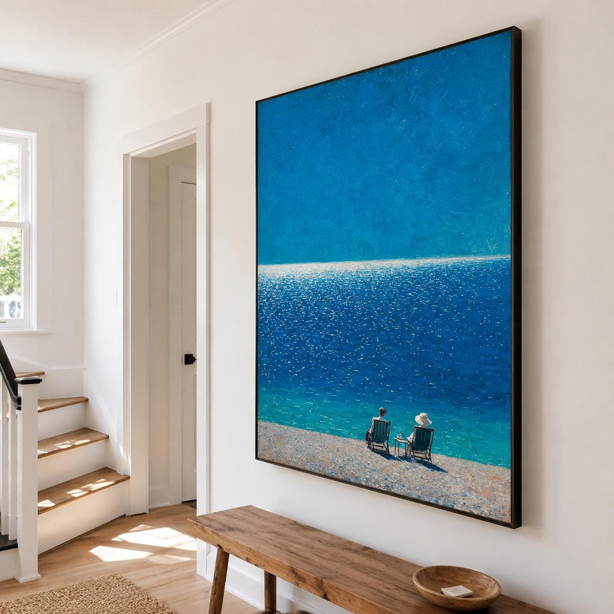 Seated Figures Ocean View Wall Art Deep Blue Canvas Painting for Coastal Bedroom Decor