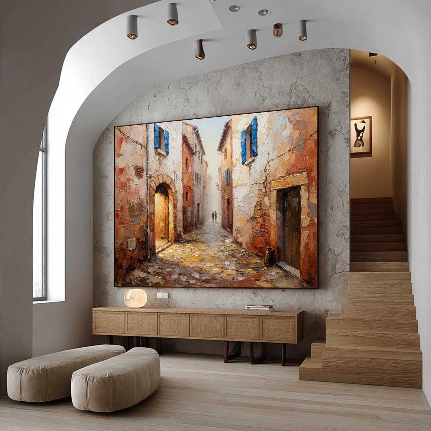 European Cobblestone Canvas - Handmade Acrylic - Tuscany Wall Decor - Travel Home Housewarming Gift – Blue and Terracotta Vil