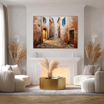 Blue and Terracotta Impasto Village City Architecture Wall Art – European Cobblestone Canvas - Handmade Acrylic - Tuscany Wall Decor - Travel Home Housewarming Gift