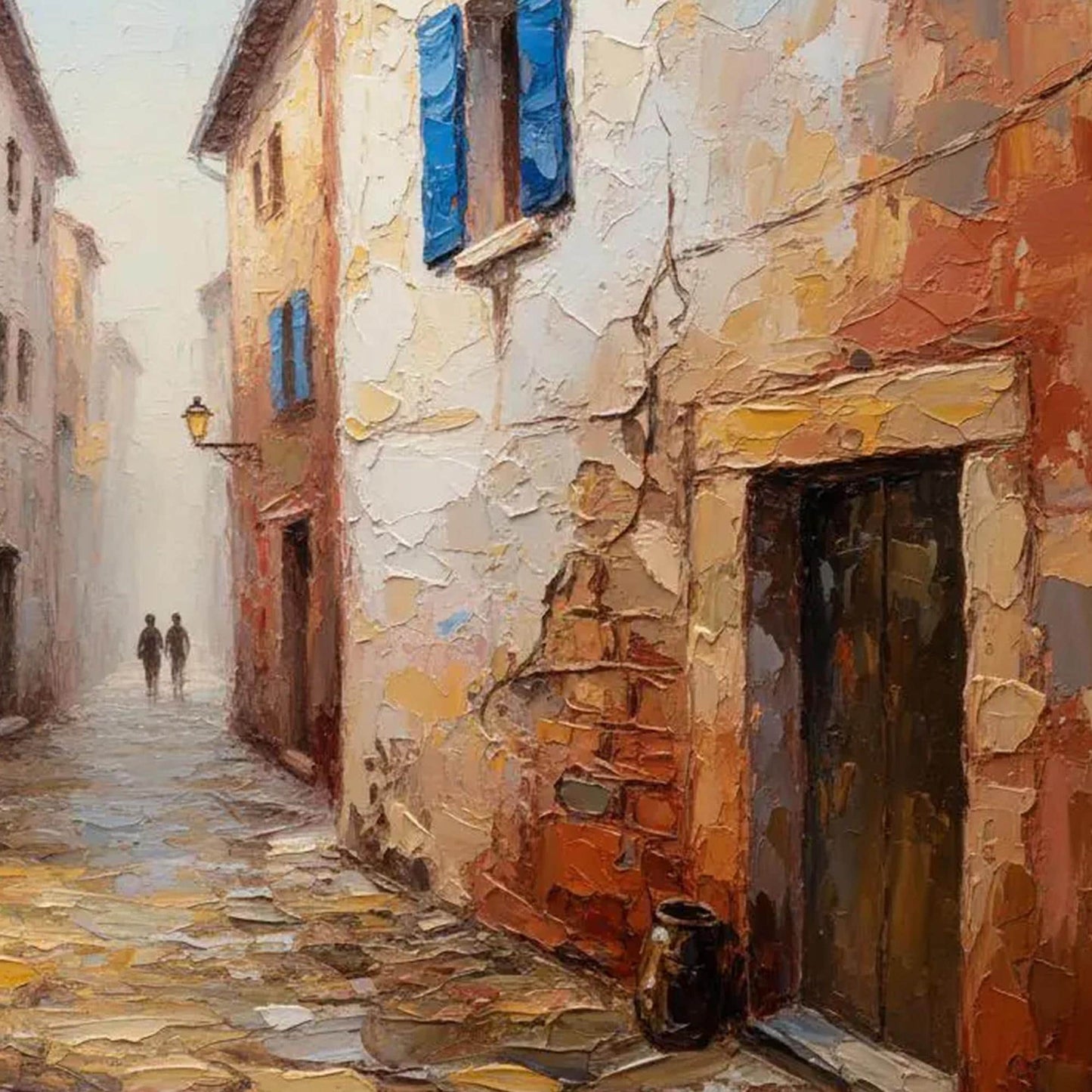 Blue and Terracotta Impasto Village City Architecture Wall Art – European Cobblestone Canvas - Handmade Acrylic - Tuscany Wall Decor - Travel Home Housewarming Gift