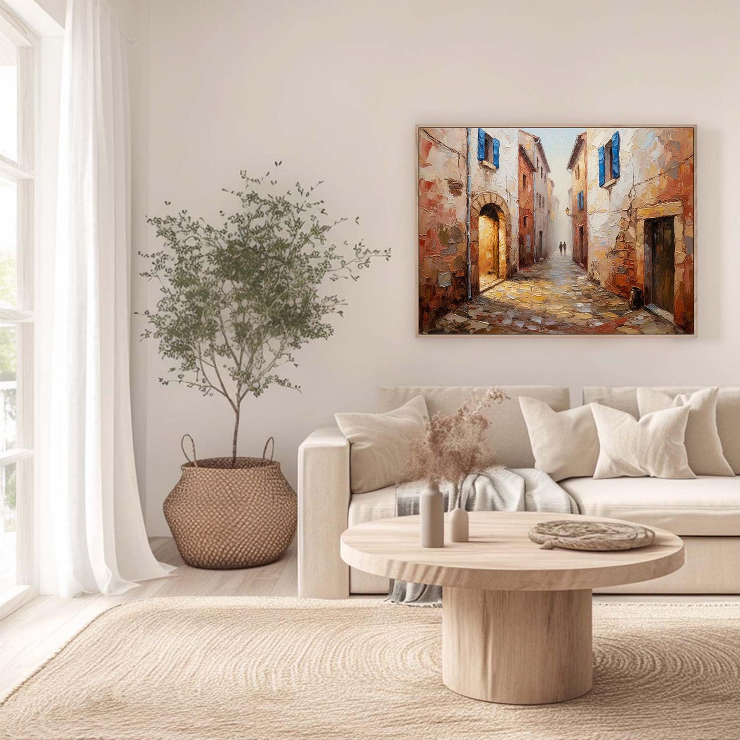 Blue and Terracotta Impasto Village City Architecture Wall Art – European Cobblestone Canvas - Handmade Acrylic - Tuscany Wall Decor - Travel Home Housewarming Gift