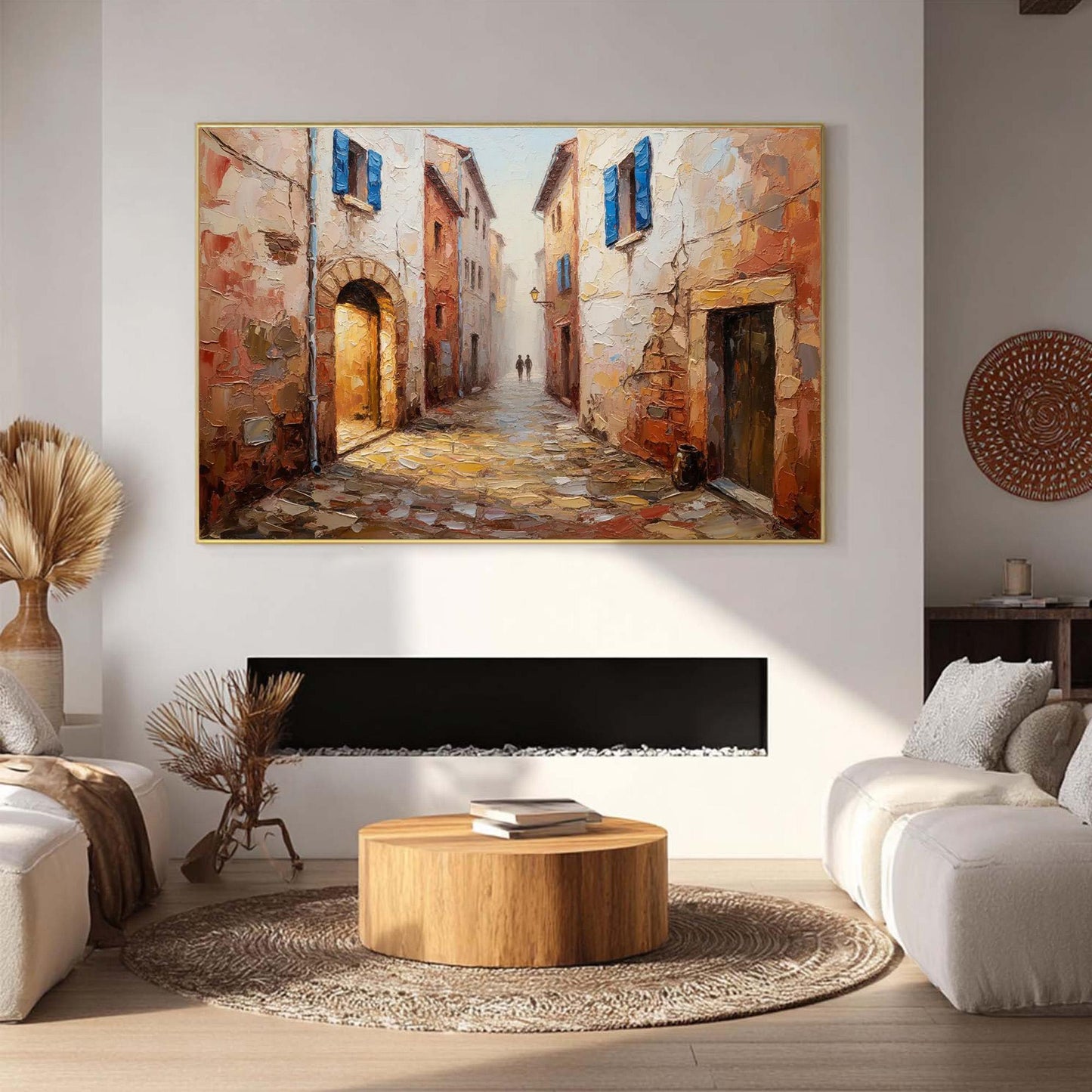 Blue and Terracotta Impasto Village City Architecture Wall Art – European Cobblestone Canvas - Handmade Acrylic - Tuscany Wall Decor - Travel Home Housewarming Gift