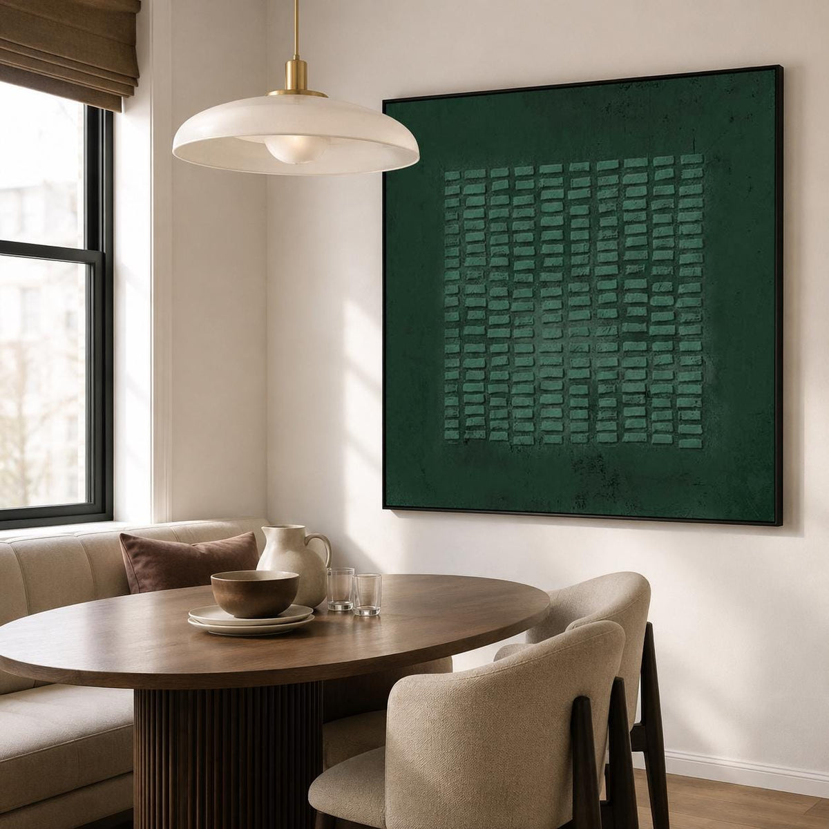 May include: A large square wall art piece featuring a deep forest green background with a central grid of raised, rectangular textured blocks in a matching green hue, all enclosed within a thin, simple black frame.