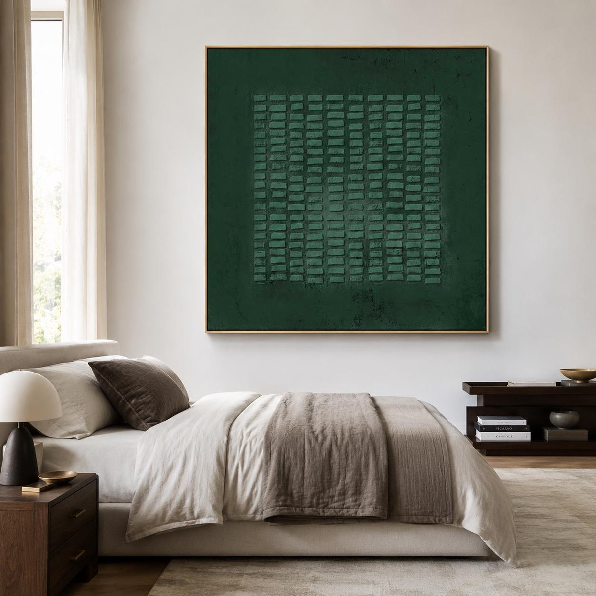 May include: A large square wall art piece featuring a deep forest green background with a central grid of raised, rectangular textured blocks in a lighter shade of green, all enclosed within a thin, simple gold-toned frame.