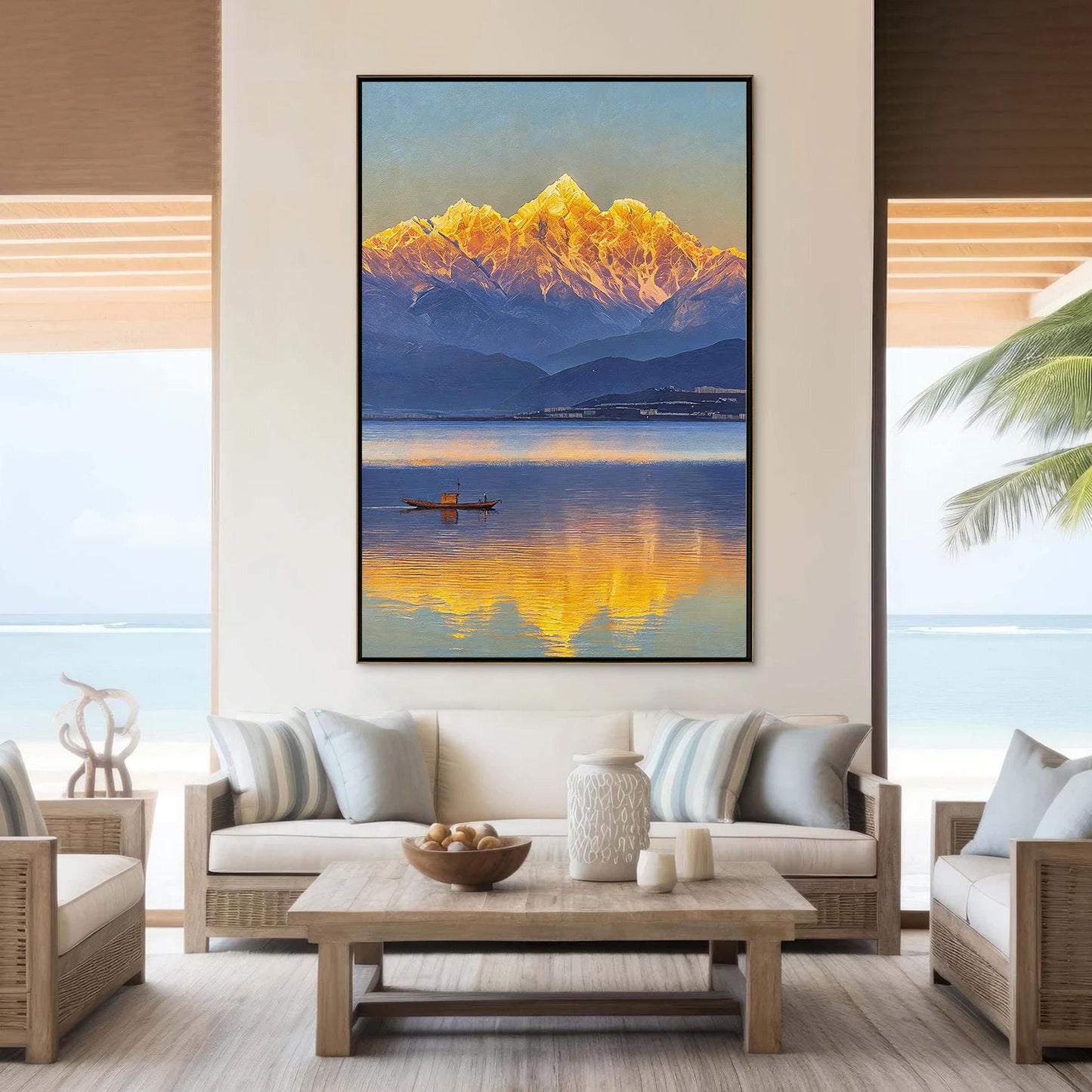 Golden Mountain Sunrise Reflection Lake Painting – Blue and Amber Lake Landscape Wall Art | Painting, view 4