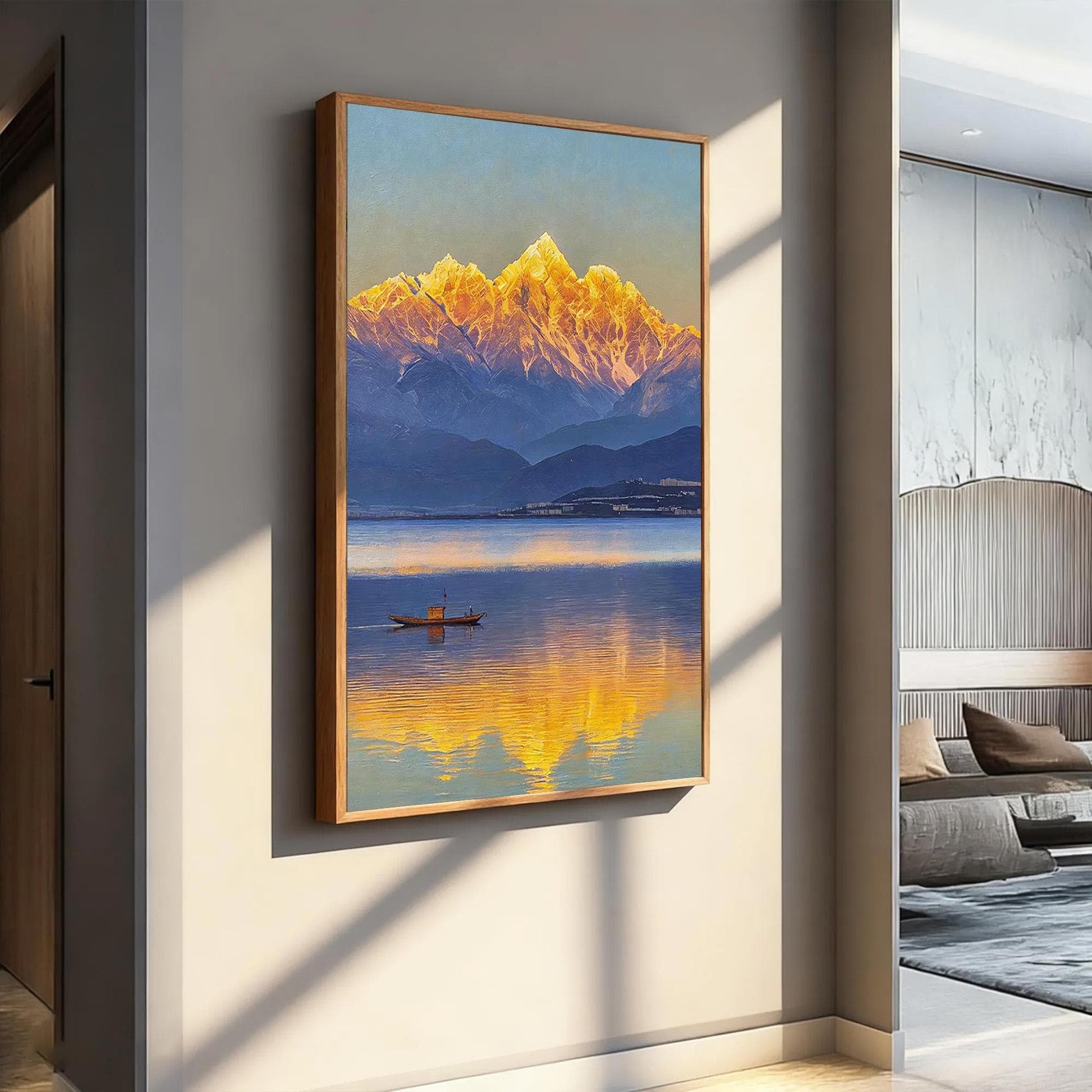 Golden Mountain Sunrise Reflection Lake Painting – Blue and Amber Lake Landscape Wall Art | Painting, view 3