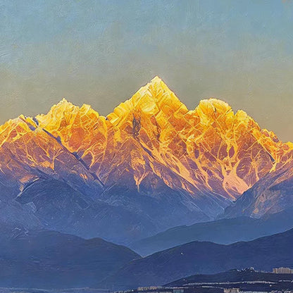 Golden Mountain Sunrise Reflection Lake Painting – Blue and Amber Lake Landscape Wall Art | Painting, view 5