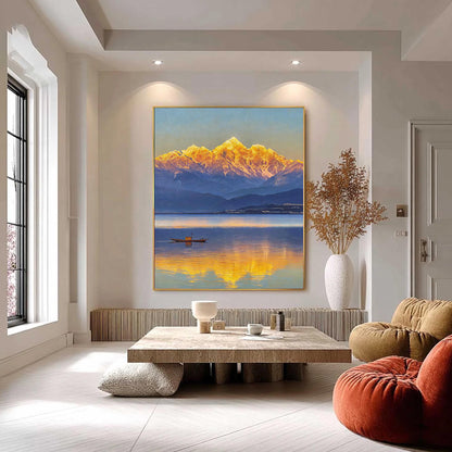 Golden Mountain Sunrise Reflection Lake Landscape Wall Art