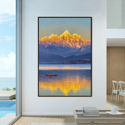 Golden Mountain Sunrise Reflection Lake Painting – Blue and Amber Lake Landscape Wall Art | Painting, view 1