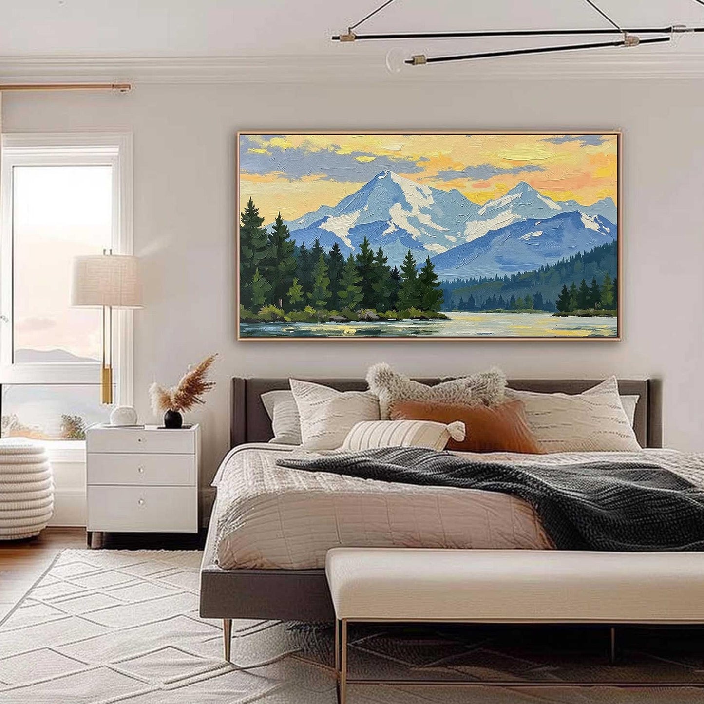 Snow-Capped Mountain Sunset Lake Oil Painting – Blue and Green Impasto Landscape Wall Art