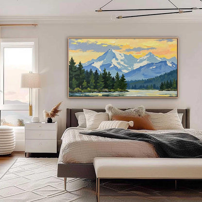 Snow-Capped Mountain Sunset Lake Oil Painting – Blue and Green Impasto Landscape Wall Art