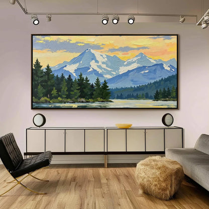 Snow-Capped Mountain Sunset Lake Oil Painting – Blue and Green Impasto Landscape Wall Art