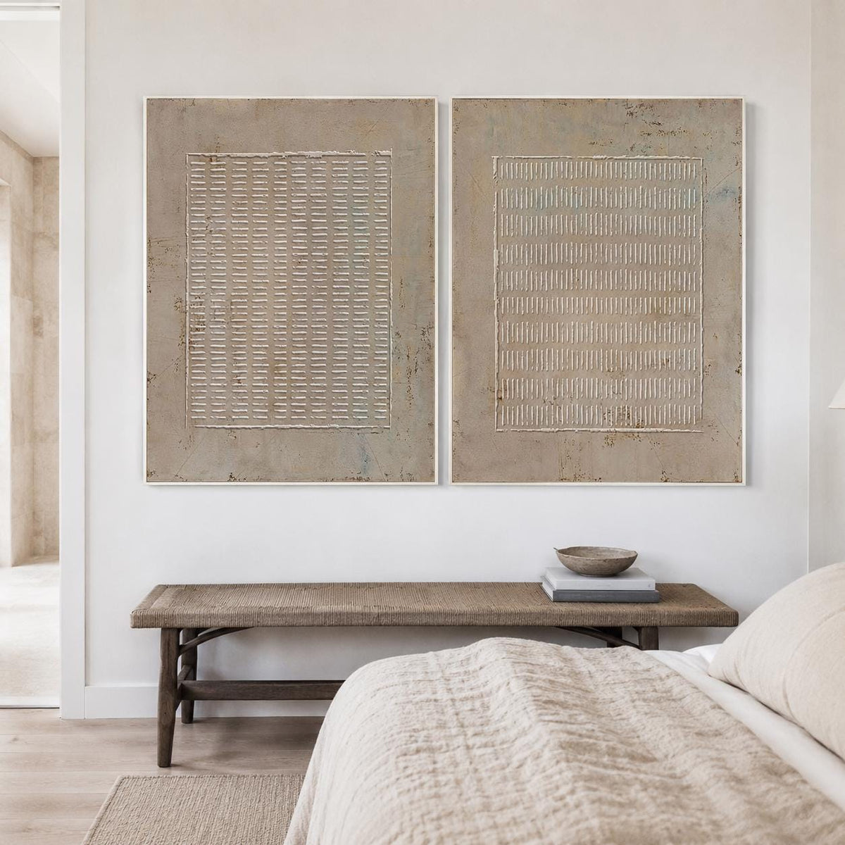 Set of 2 Brown Wabi Sabi Wall Art Line Texture Painting for Office Decor