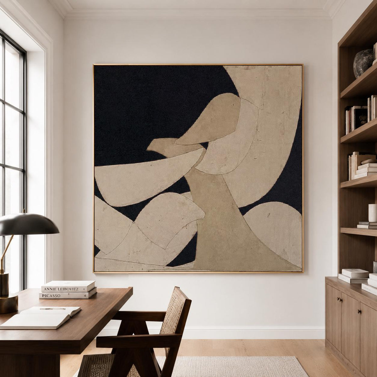 Wabi Sabi Wall Art Beige Black Organic Shape Canvas Painting for Modern Entryway Decor