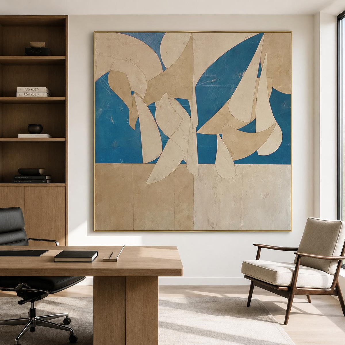 Blue Beige Organic Shape Wall Art Abstract Textured Canvas Painting for Modern Entryway Decor