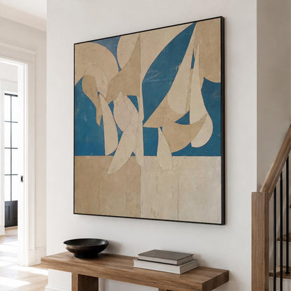 Blue Beige Organic Shape Wall Art Abstract Textured Canvas Painting for Modern Entryway Decor
