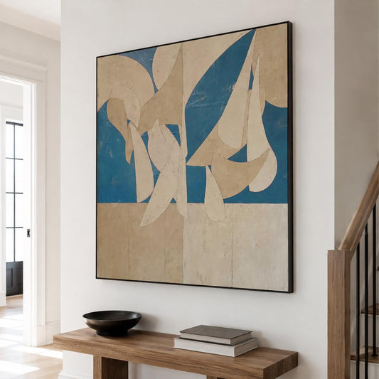 Blue Beige Organic Shape Wall Art Abstract Textured Canvas Painting for Modern Entryway Decor