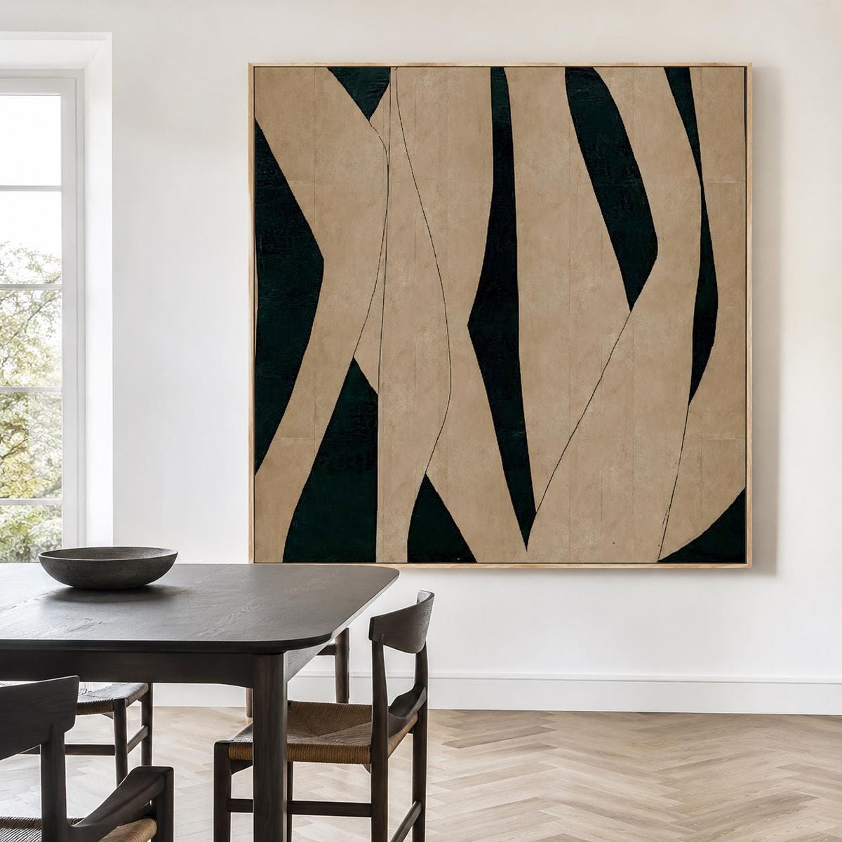 Black Beige Organic Shape Wall Art Dark Green Canvas Painting for Modern Office Decor