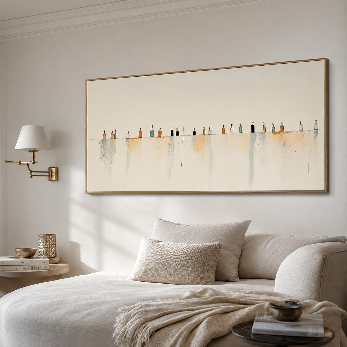 May include: A rectangular wall art piece featuring a horizontal line with a series of small, stylized bottle illustrations in shades of black, orange, and white. Below the line, soft, vertical watercolor-style washes in beige and gray tones.