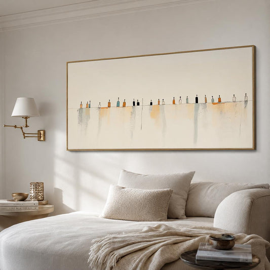 May include: A rectangular wall art piece featuring a horizontal line with a series of small, stylized bottle illustrations in shades of black, orange, and white. Below the line, soft, vertical watercolor-style washes in beige and gray tones.