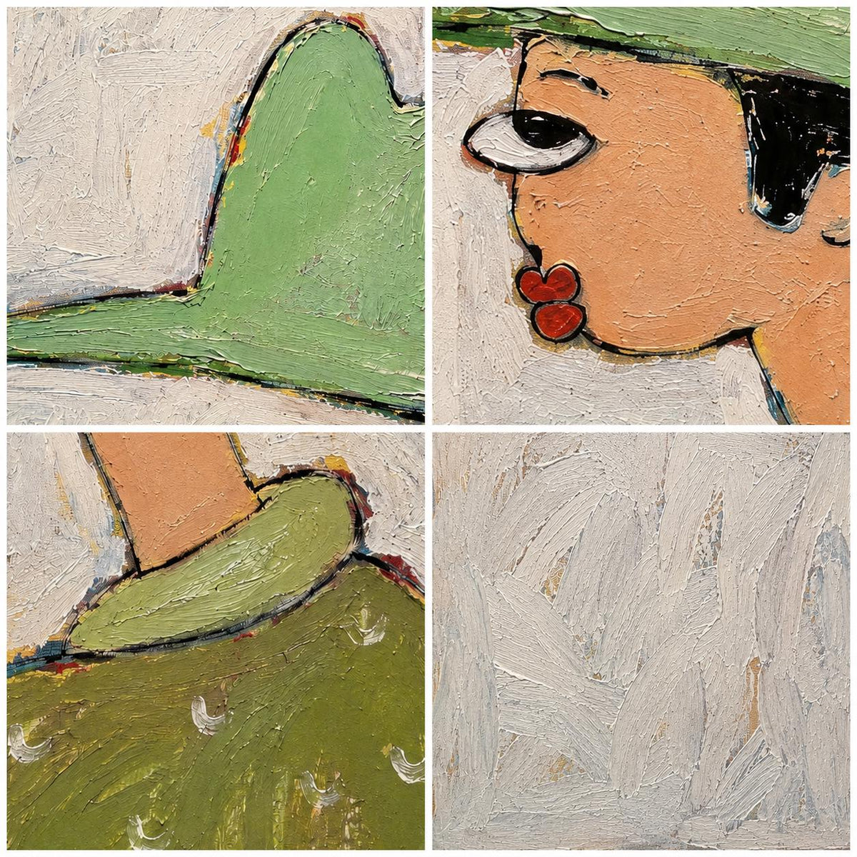 May include: A four-panel oil painting featuring a textured impasto technique. The composition includes a green hat, a stylized face with a large eye and red lips, a green shoe on a patterned surface, and a section of thick, white brushstrokes.