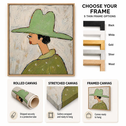 May include: A square canvas print featuring a stylized portrait of a person wearing a wide-brimmed green hat and a green shirt. The text CHOOSE YOUR FRAME 5 THIN FRAME OPTIONS is displayed with black, white, gold, silver, and wood frame samples.