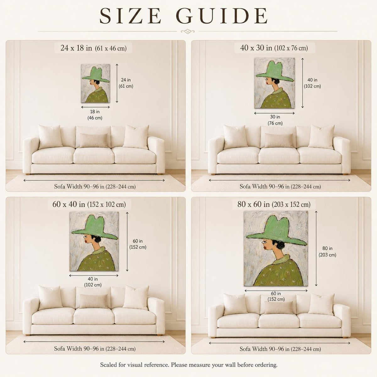 May include: A size guide chart displaying four wall art options featuring a person in a green hat above a sofa. Dimensions shown are 24x18 inches, 40x30 inches, 60x40 inches, and 80x60 inches. The text reads SIZE GUIDE and Sofa Width 90-96 inches.