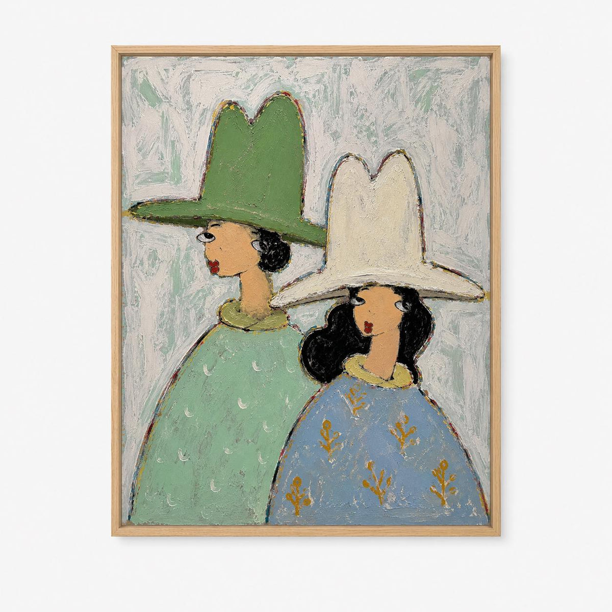 May include: A framed painting featuring two figures wearing wide-brimmed hats. The figure on the left wears a green hat and a light green patterned garment. The figure on the right wears a white hat and a blue garment with yellow floral details.
