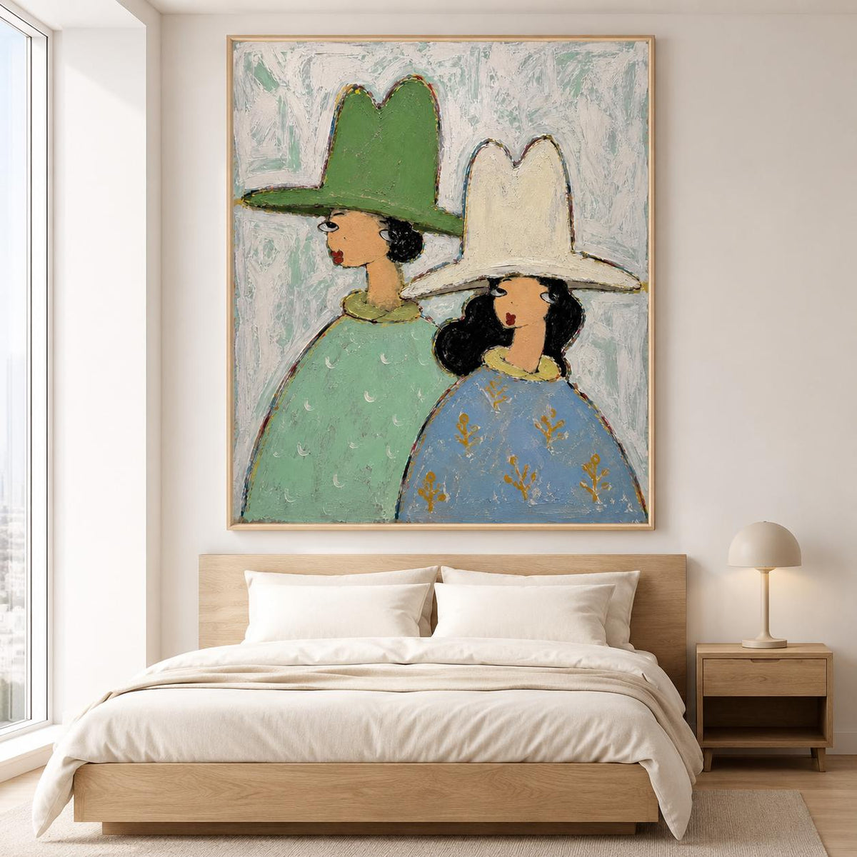 May include: A framed oil painting featuring two figures in profile wearing wide-brimmed hats. The figure on the left wears a green hat and a light green patterned garment. The figure on the right wears a white hat and a blue garment with gold accents.