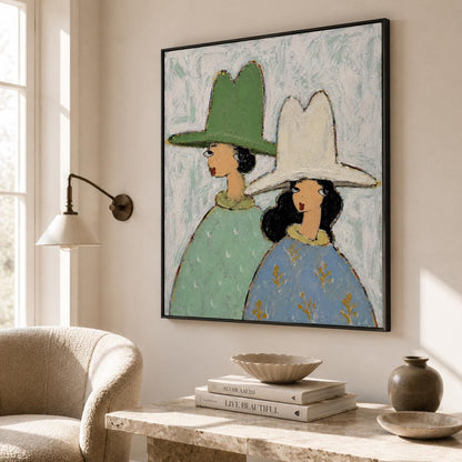 May include: A square framed painting depicting two figures wearing wide-brimmed hats. The figure on the left wears a green hat and a light green patterned garment. The figure on the right wears a white hat and a blue garment with gold floral details.