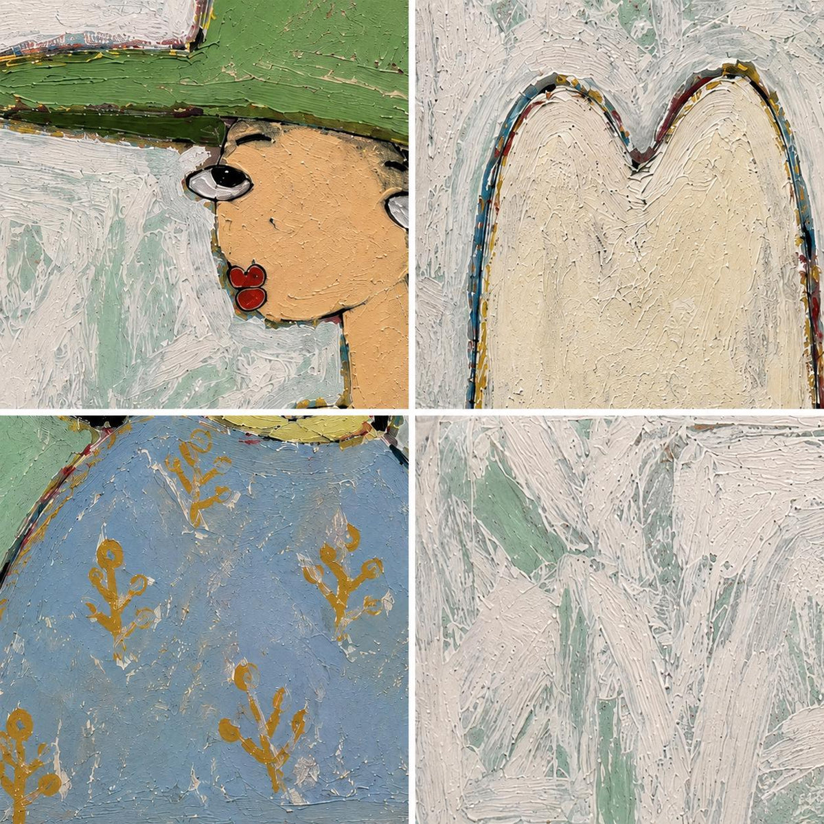 May include: A four-panel collage of an oil painting featuring a person in a green hat, a large cream-colored arch shape, a blue garment with yellow floral patterns, and a textured background of thick white and light green impasto paint strokes.