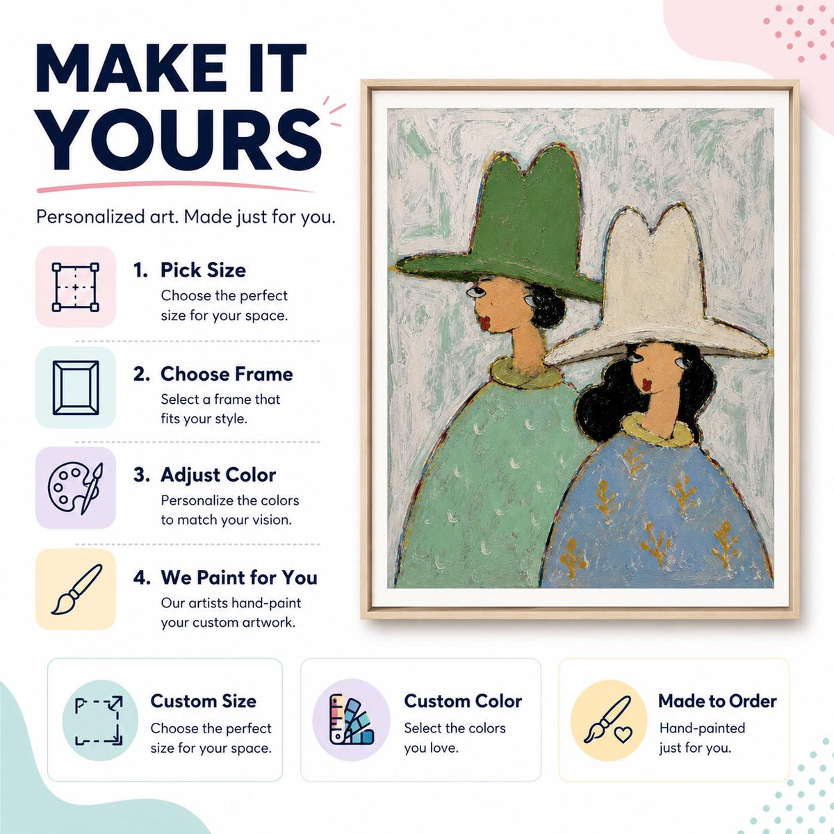 May include: A framed painting featuring two figures wearing wide-brimmed hats in green and white. The text reads: MAKE IT YOURS, 1. Pick Size, 2. Choose Frame, 3. Adjust Color, 4. We Paint for You, Custom Size, Custom Color, and Made to Order.