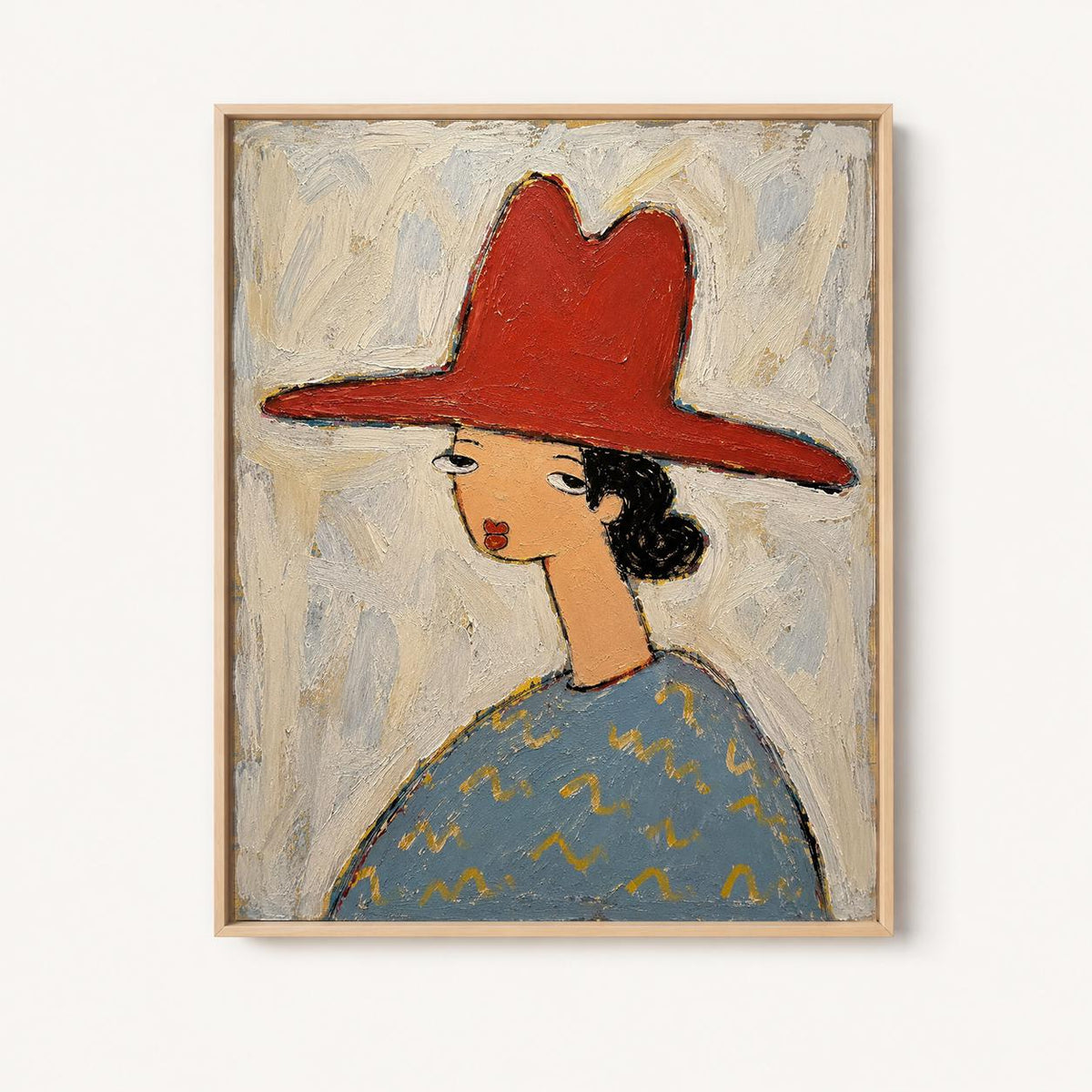May include: An oil painting on canvas featuring a stylized figure wearing a wide-brimmed red hat. The figure has dark hair, a long neck, and a blue shirt with yellow markings. The background is a textured, light gray and off-white brushstroke pattern.