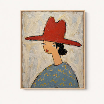 May include: An oil painting on canvas featuring a stylized figure wearing a wide-brimmed red hat. The figure has dark hair, a long neck, and a blue shirt with yellow markings. The background is a textured, light gray and off-white brushstroke pattern.