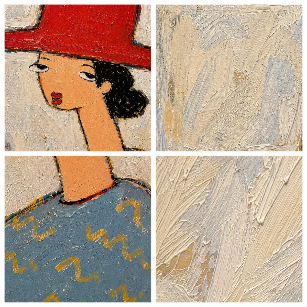 Red Hat Woman Wall Art Textured Portrait Canvas Painting for Modern Office Home Decor
