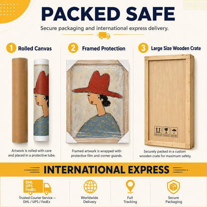 May include: An infographic titled PACKED SAFE showing three shipping methods: a rolled canvas in a tube, a framed painting of a person in a red hat with corner guards, and a large wooden crate. Icons for DHL, UPS, and FedEx are at the bottom.