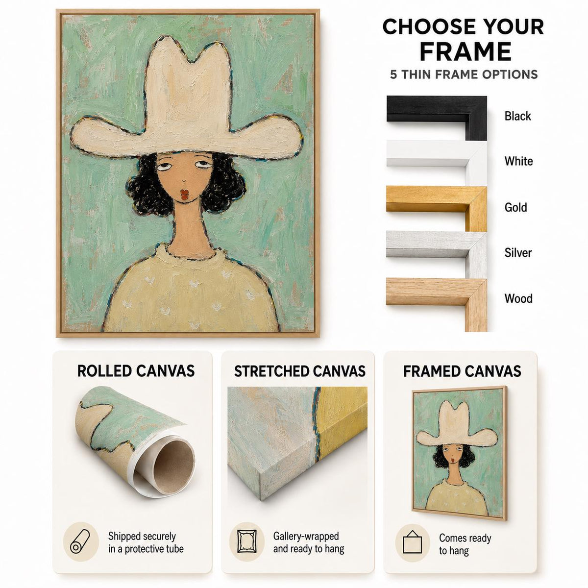 May include: A framed painting of a person wearing a wide-brimmed hat against a textured mint green background. The image includes text options for black, white, gold, silver, and wood frames, plus displays for rolled, stretched, and framed canvas.