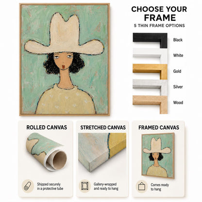 May include: A framed painting of a person wearing a wide-brimmed hat against a textured mint green background. The image includes text options for black, white, gold, silver, and wood frames, plus displays for rolled, stretched, and framed canvas.