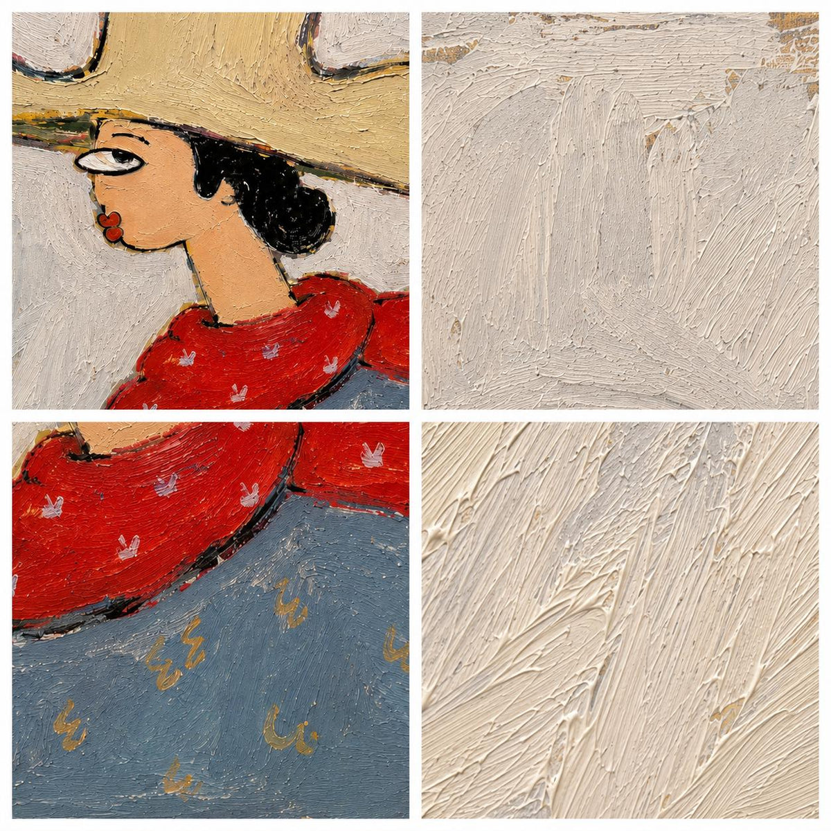 May include: An oil painting on canvas featuring a stylized figure wearing a large tan hat, a red scarf with small white markings, and a blue garment with gold symbols. The artwork displays thick, textured impasto brushstrokes in white paint.