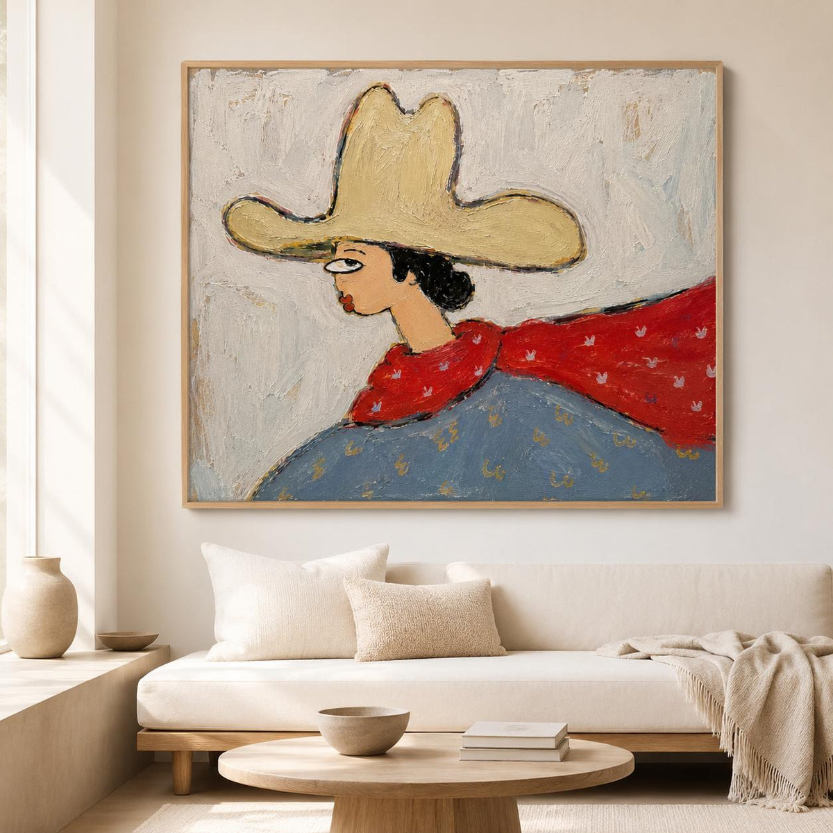 May include: A framed oil painting on canvas depicting a stylized figure wearing a large, pale yellow hat, a bright red scarf with small white patterns, and a textured blue garment against a thick, cream-colored impasto background.