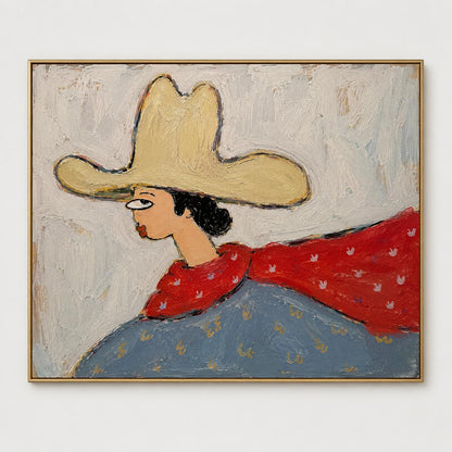 White Hat Woman Wall Art Blue Dress Textured Portrait Canvas Painting for Study Decor