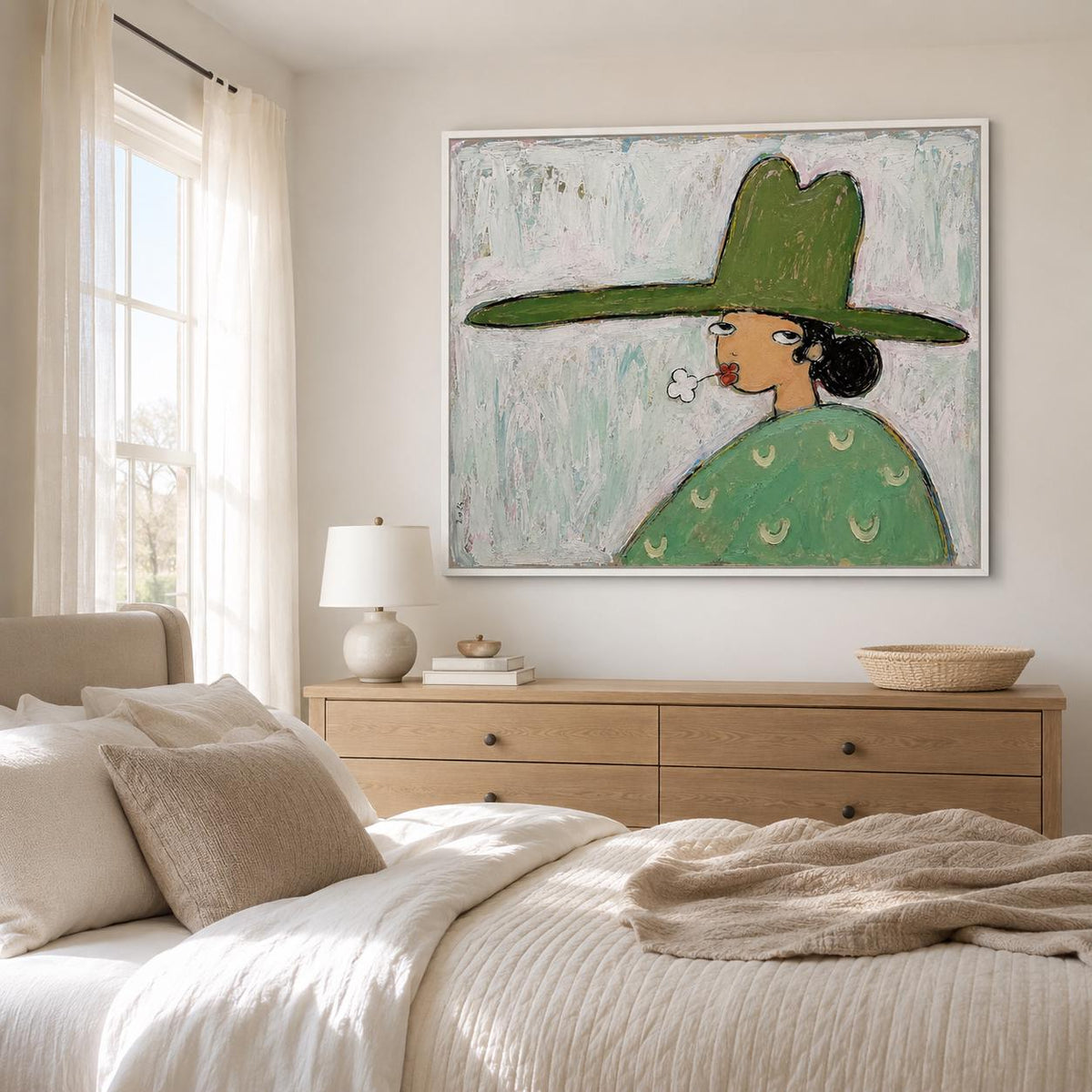 Green Hat Woman Wall Art Flower Portrait Textured Canvas Painting for Modern Office Decor