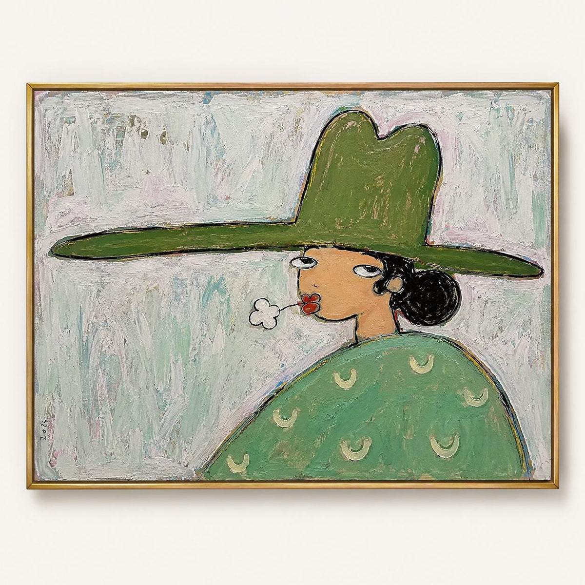 Green Hat Woman Wall Art Flower Portrait Textured Canvas Painting for Modern Office Decor