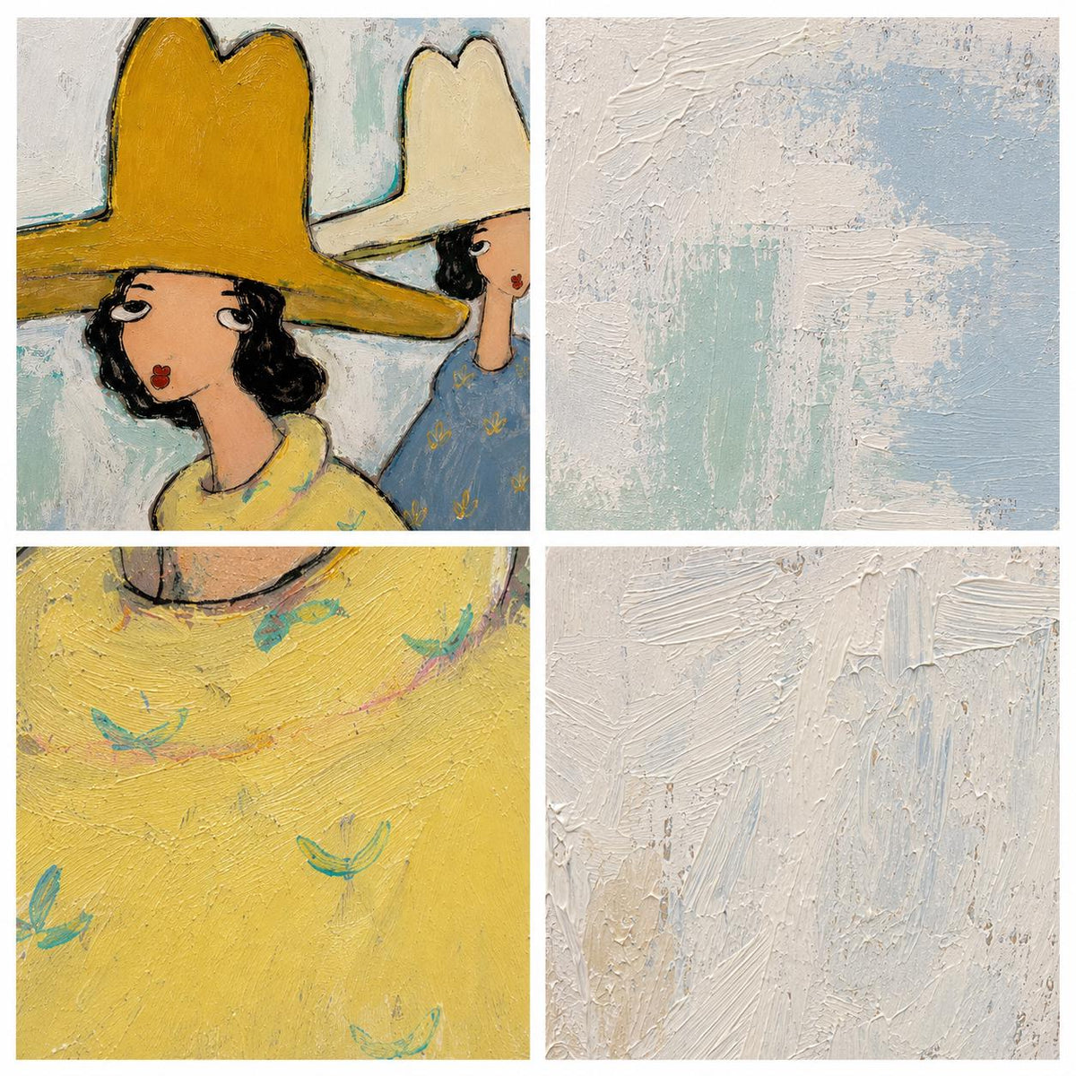 May include: An oil painting featuring two figures wearing wide-brimmed hats in yellow and cream. The figures have dark hair and red lips. The lower section shows a yellow garment with small teal bird motifs. The background has textured white and blue paint.