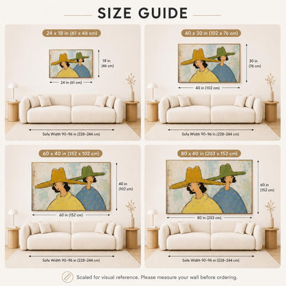 May include: A size guide infographic displaying four variations of a framed wall art print featuring two figures in wide-brimmed hats, shown above a white sofa. Dimensions are provided in inches and centimeters for each size option, ranging from 24x18 to 80x60 inches.