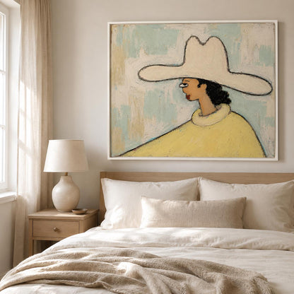 May include: A framed wall art print featuring a stylized painting of a person in profile wearing a wide-brimmed cream hat and a yellow sweater. The background consists of textured, light blue and off-white brushstrokes on a canvas surface.