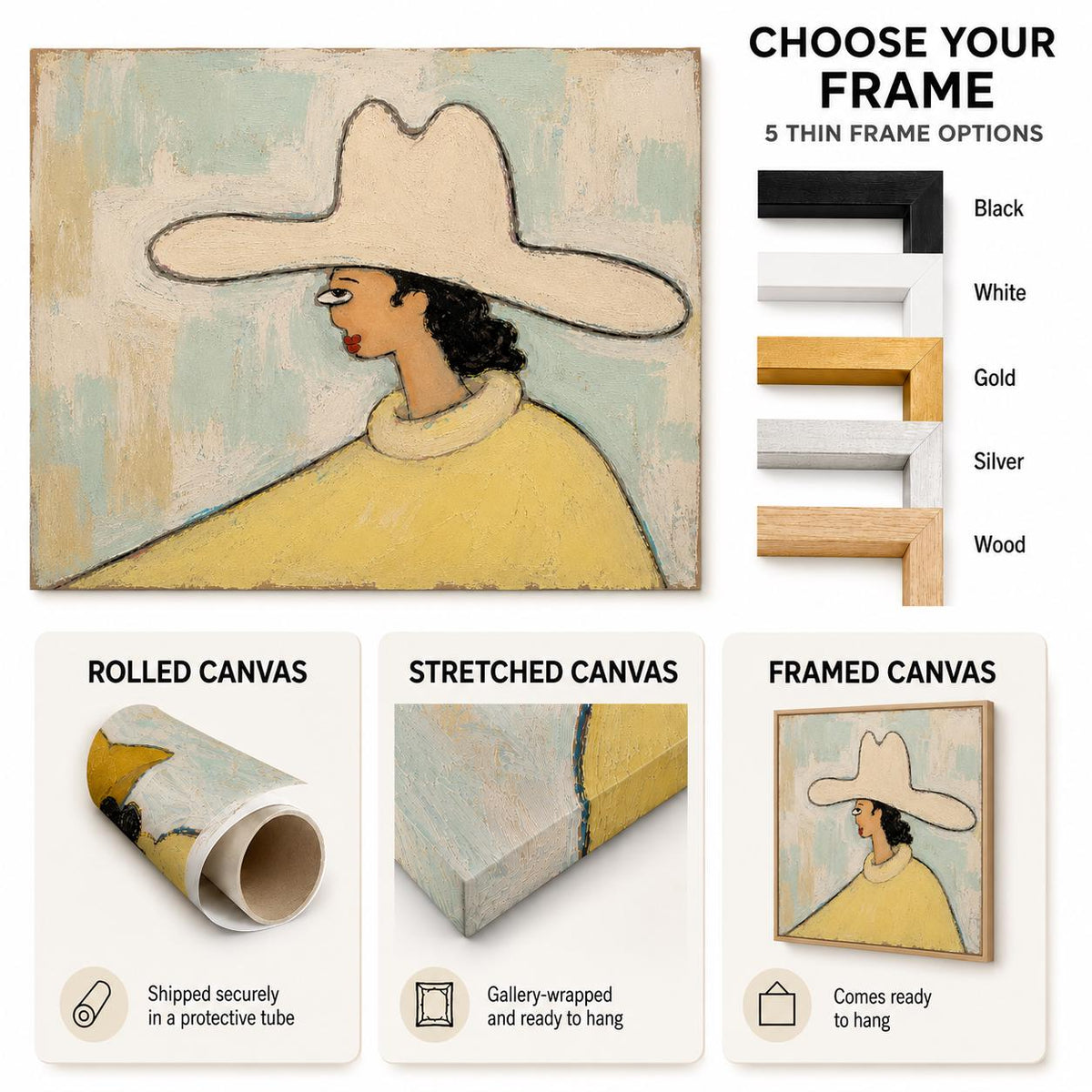 Ivory Hat Woman Wall Art Yellow Portrait Textured Canvas Painting for Entryway Home Decor