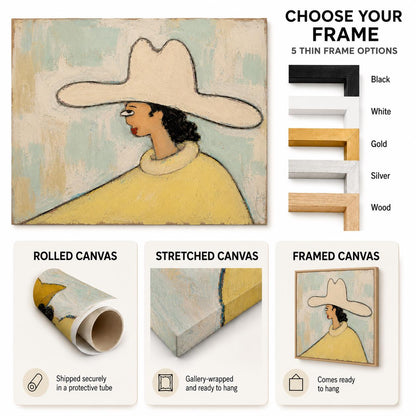 Ivory Hat Woman Wall Art Yellow Portrait Textured Canvas Painting for Entryway Home Decor